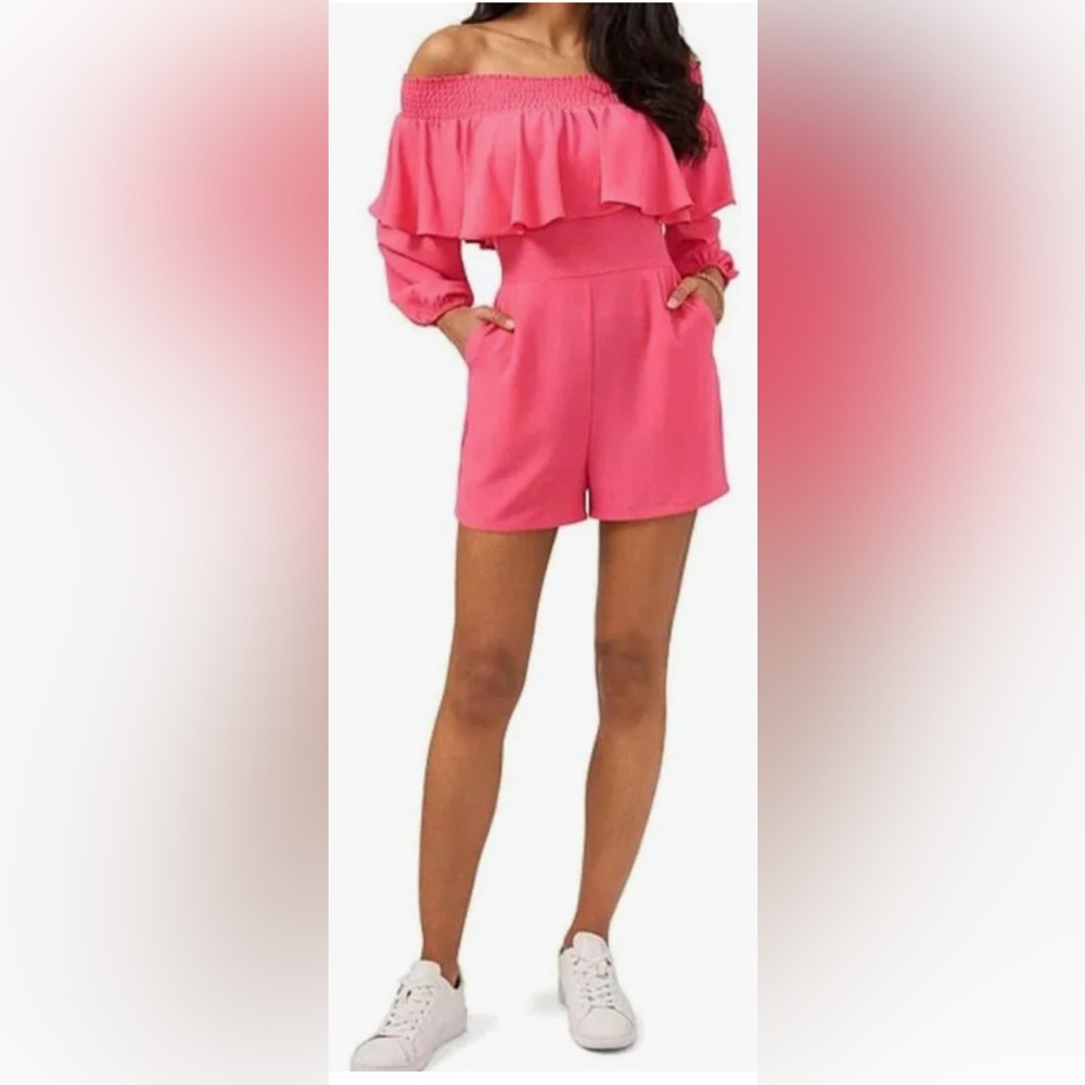 1.State Juneberry Color Romper with Pockets Ruffled On/Off Shoulder